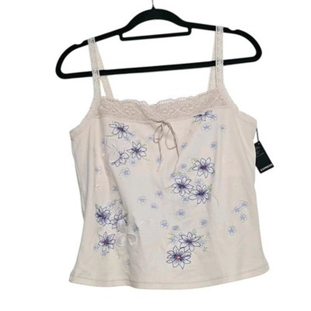 Vtg Y2K Express Embroidered Floral Babydoll Top Womens L Lace Trim Cottage NEW